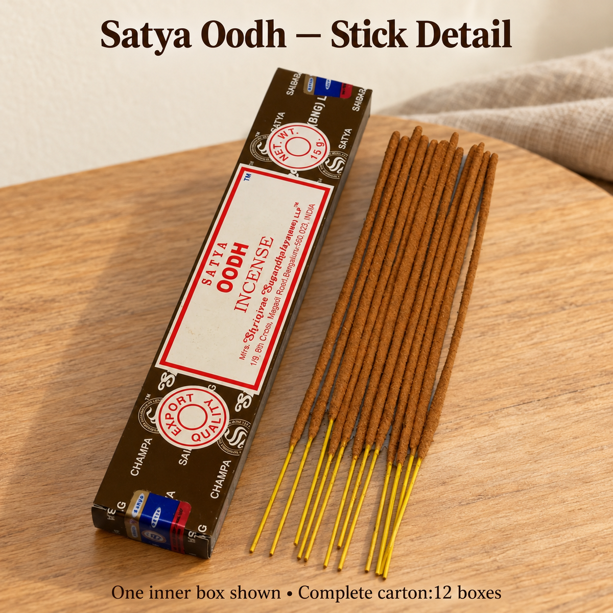 Satya Oodh carton — actual 15 g inner-box incense and bamboo-core stick detail, one of twelve inner boxes