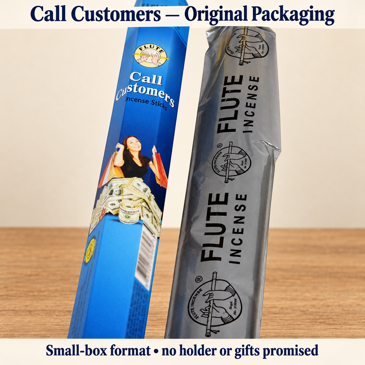Actual Flute Call Customers small box and silver-grey FLUTE wrapper