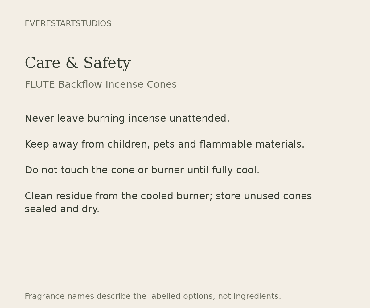FLUTE backflow incense cones care information card