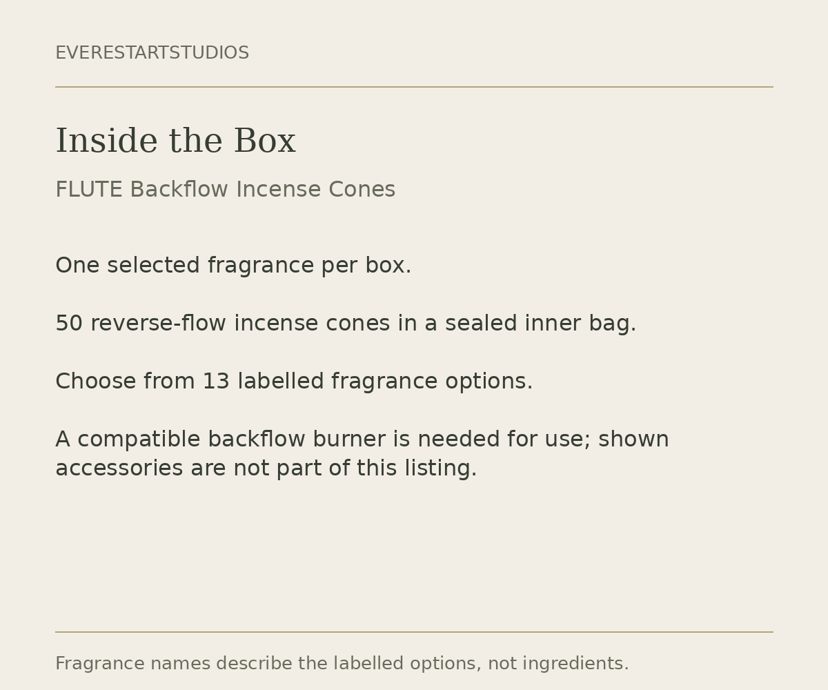 FLUTE backflow incense cones packaging: 50 cones in one selected fragrance box