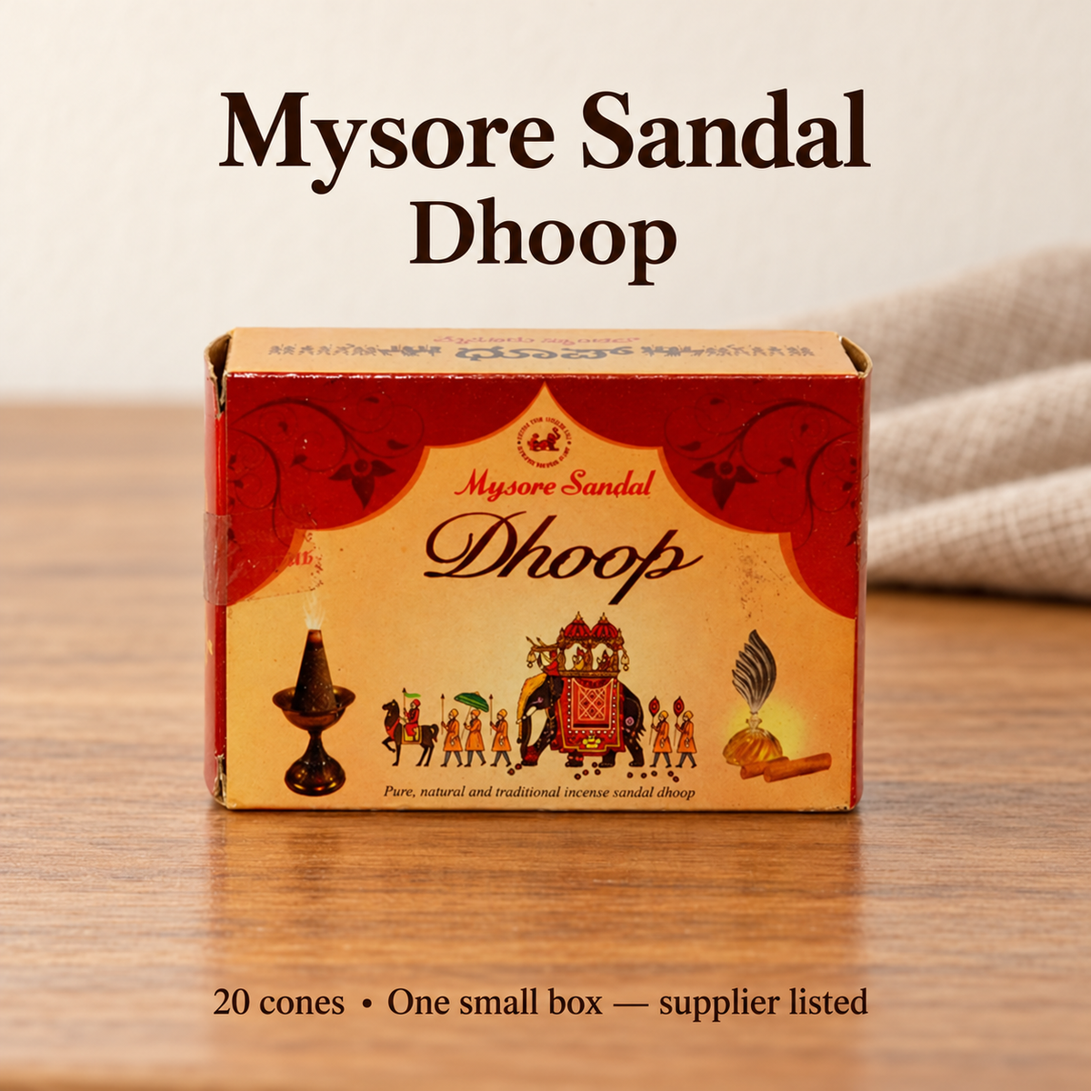 Mysore Sandal Dhoop red-and-gold box, 20 cones