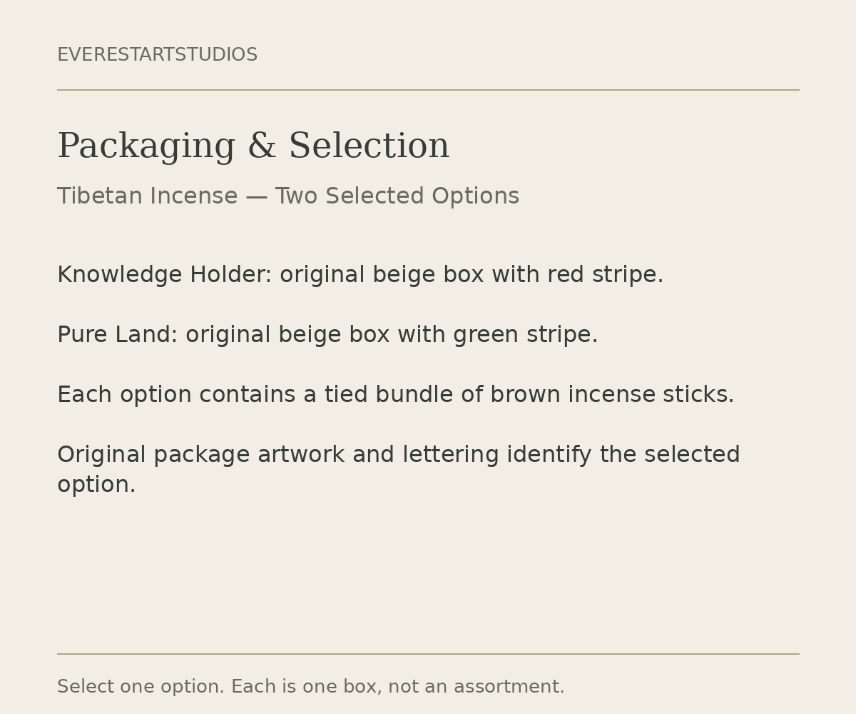 Tibetan incense packaging information for Knowledge Holder and Pure Land options