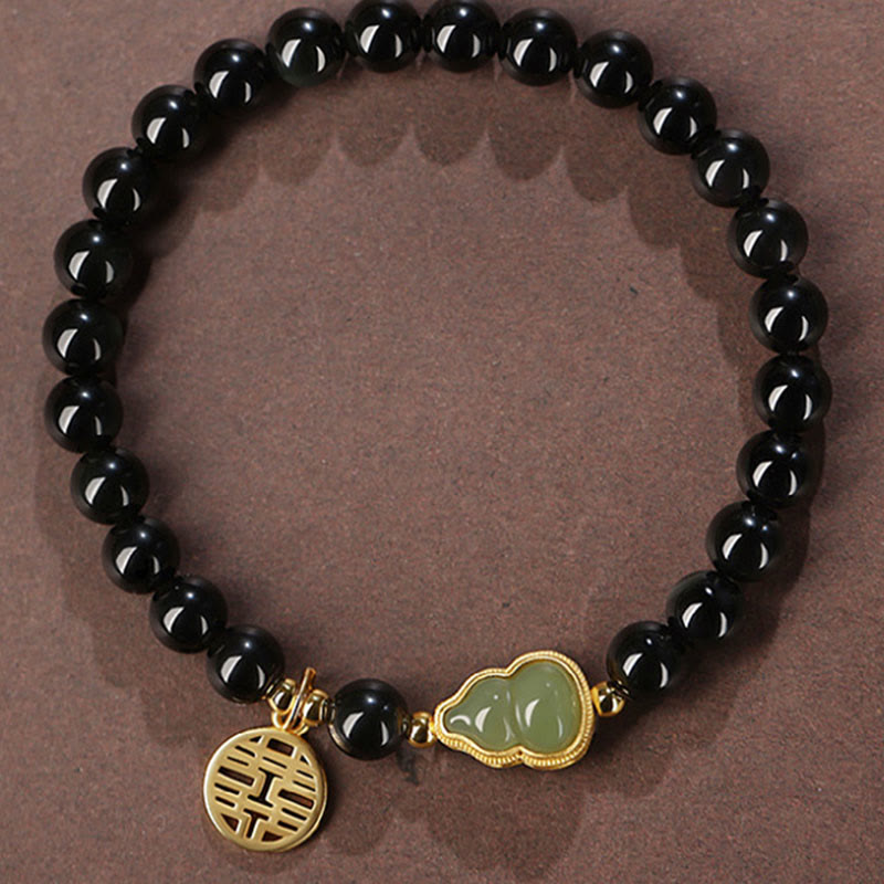 EverestArtstudios Natural Black Obsidian Hetian Jade Gourd Double Happiness Strength Bracelet