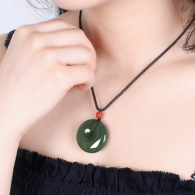 EverestArtstudios Natural Round Jade Peace Buckle Prosperity Necklace String Pendant