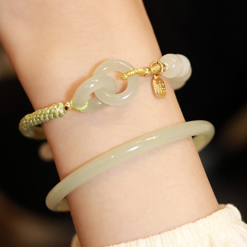 EverestArtstudios Natural Hetian Jade Bead Double Peace Buckle Fu Character Abundance Braided Bracelet