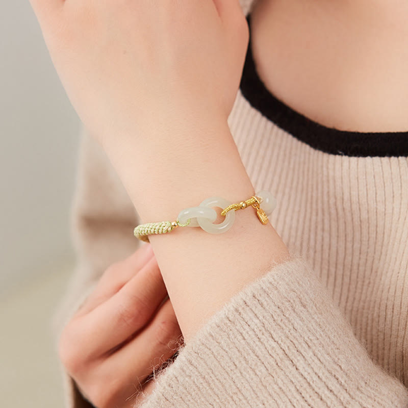 EverestArtstudios Natural Hetian Jade Bead Double Peace Buckle Fu Character Abundance Braided Bracelet