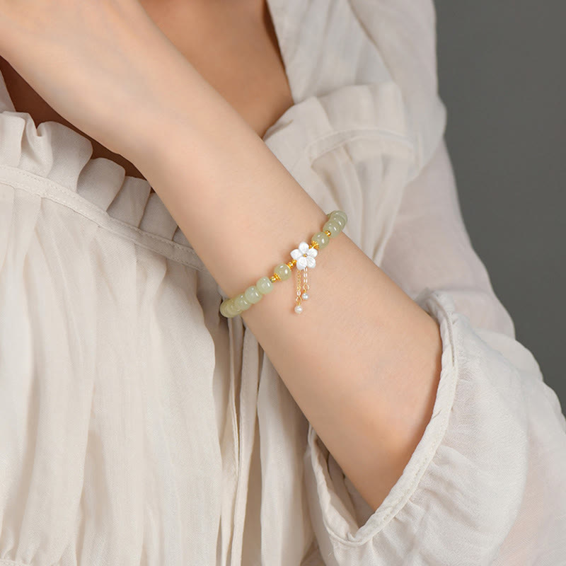 EverestArtstudios 925 Sterling Silver Natural Hetian Jade Luck Flower Bracelet