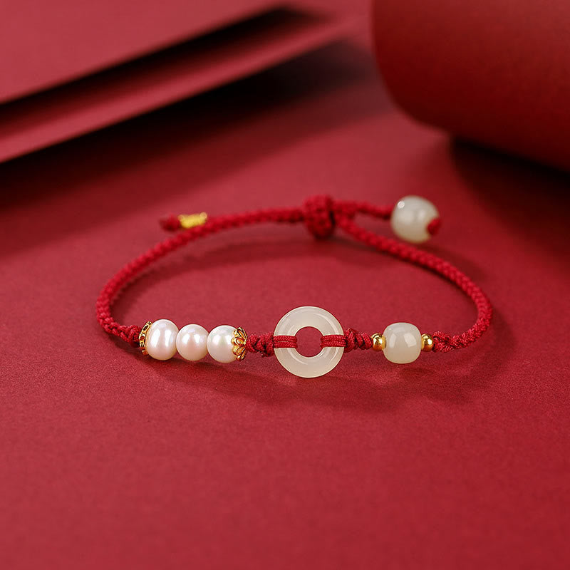 EverestArtStudios 925 Sterling Silver Plated Gold Hetian Jade Peace Buckle Pearl Luck Bracelet