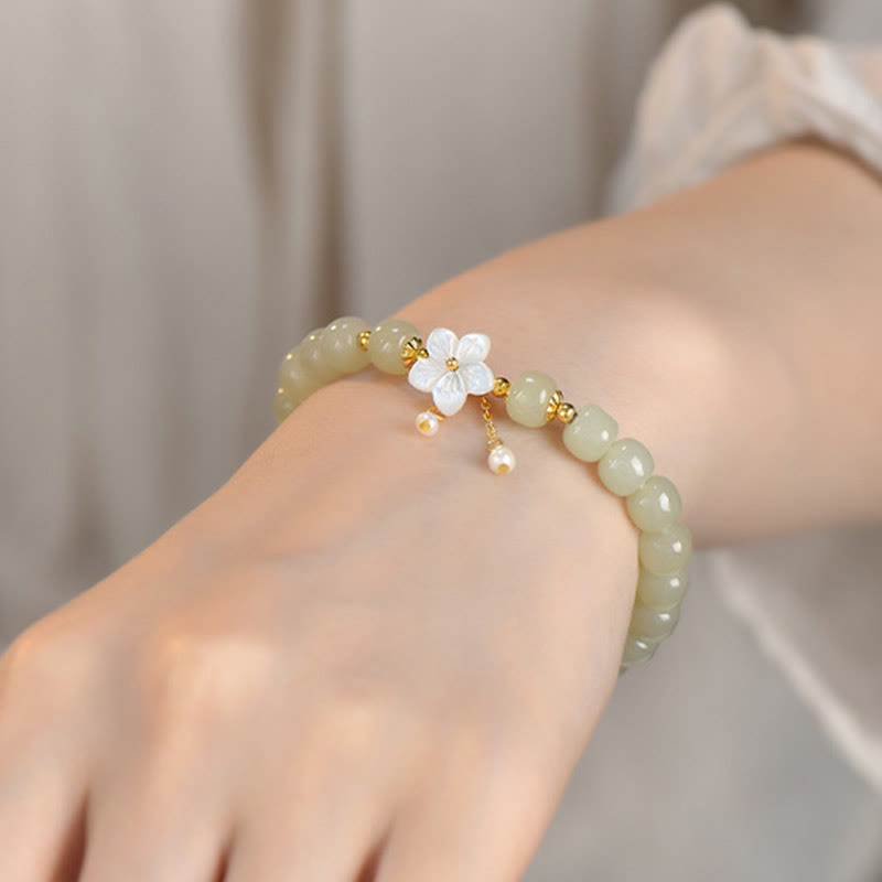 EverestArtstudios 925 Sterling Silver Natural Hetian Jade Luck Flower Bracelet