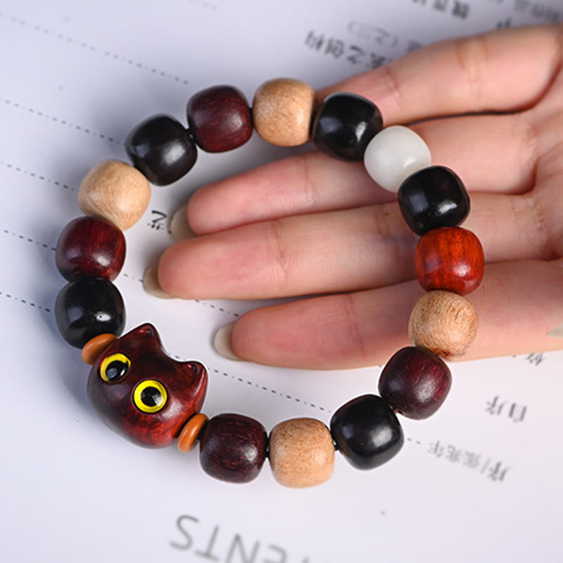 EverestArtStudios Petite Leaf Red Sandalwood Ebony Wood Adorable Feline Carved Safeguard Wristband