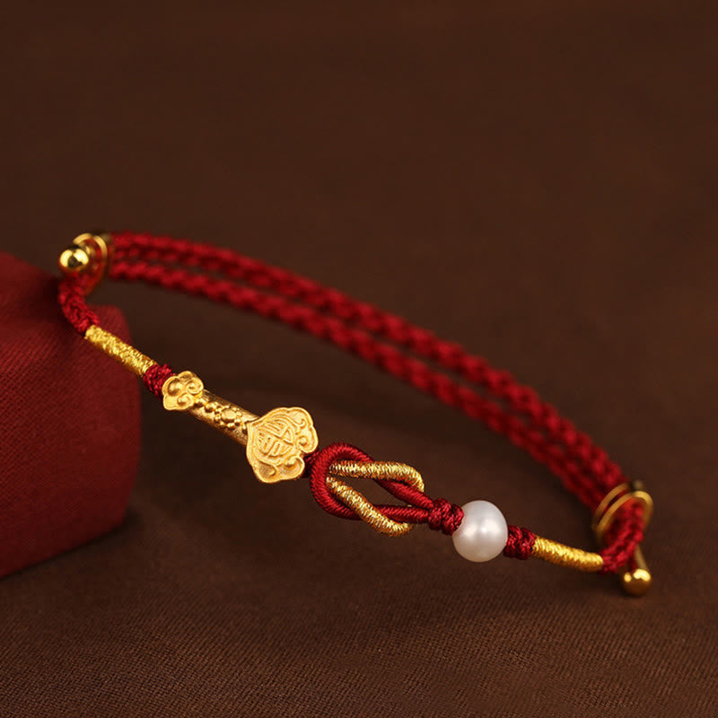 EverestArtstudios 24K Gold Wish Ruyi Handle Fu Character Rabbit Pearl Luck Braided Bracelet