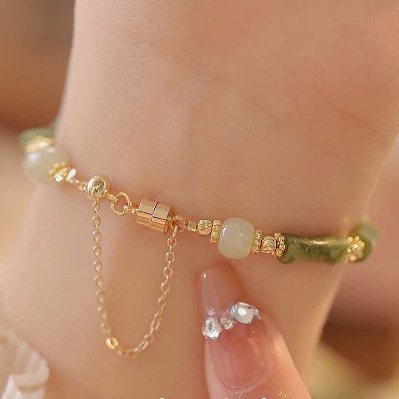EverestArtStudios Jade Bamboo Leaf Lily Of The Valley Pattern Fortune Prosperity Bracelet