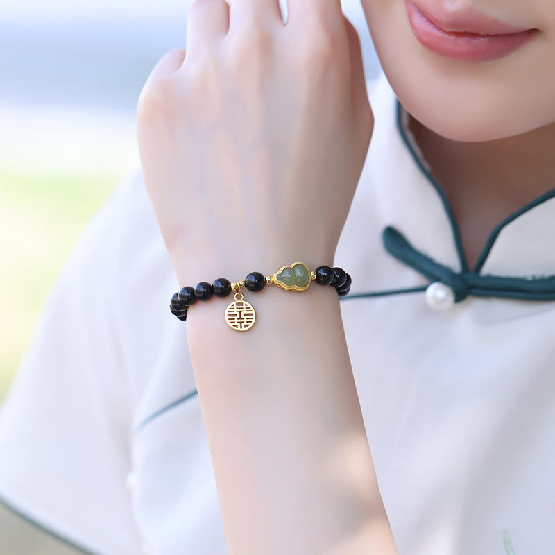 EverestArtstudios Natural Black Obsidian Hetian Jade Gourd Double Happiness Strength Bracelet