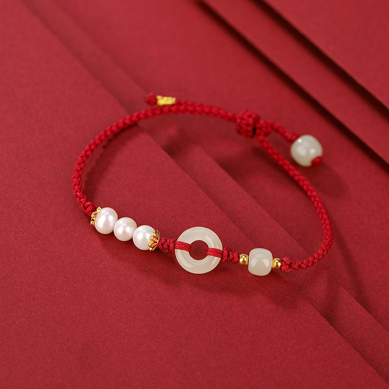 EverestArtStudios 925 Sterling Silver Plated Gold Hetian Jade Peace Buckle Pearl Luck Bracelet