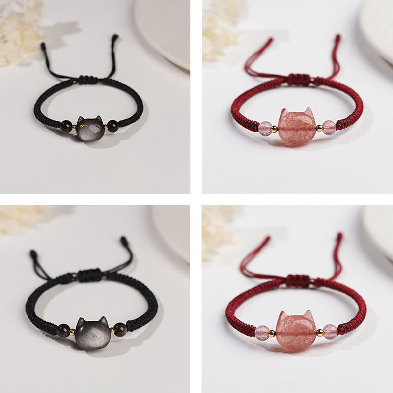 EverestArtstudios Handmade Natural Silver Sheen Obsidian Strawberry Quartz Cute Cat Protection Braided Bracelet