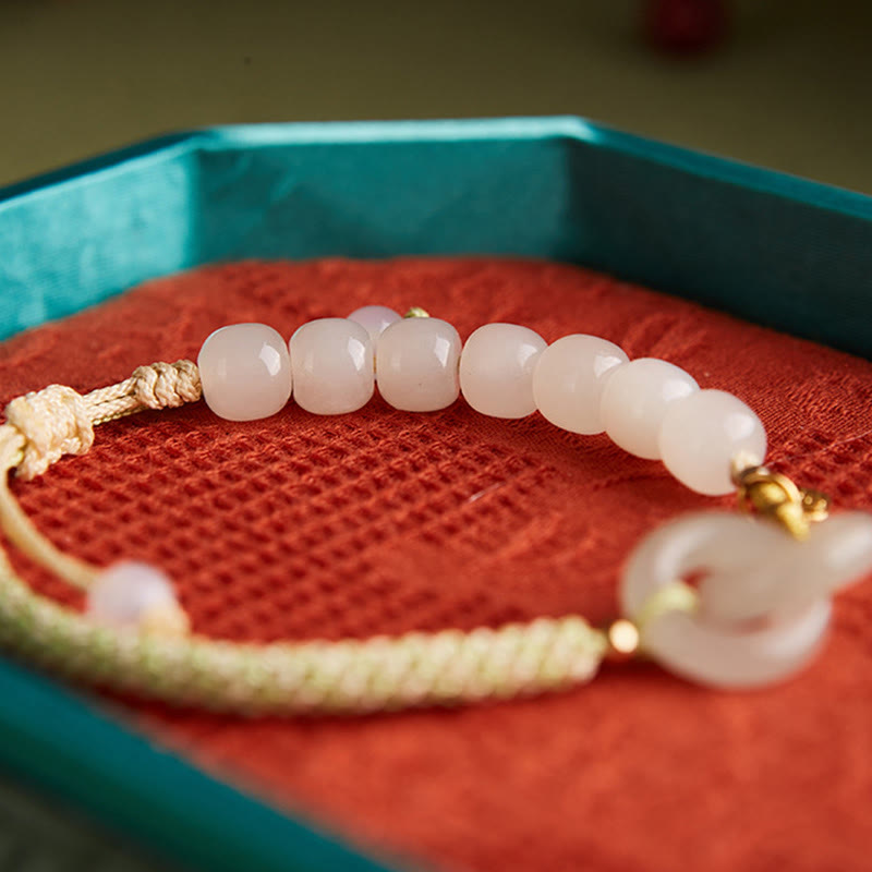 EverestArtstudios Natural Hetian Jade Bead Double Peace Buckle Fu Character Abundance Braided Bracelet