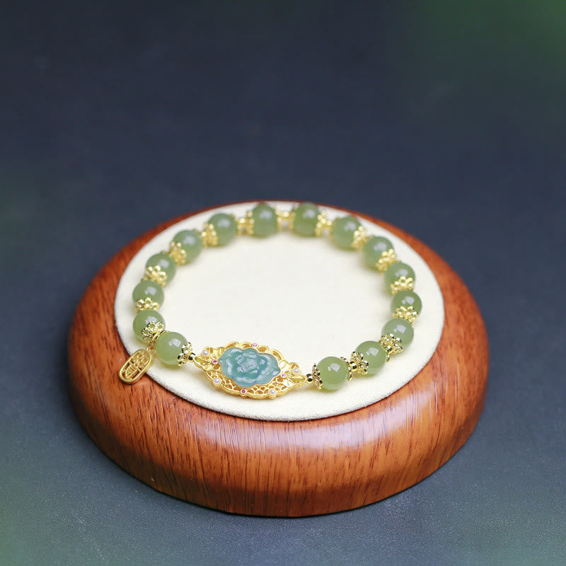 EverestArtstudios 925 Sterling Silver Plated 14K Gold Hetian Jade Lotus Luck Bracelet