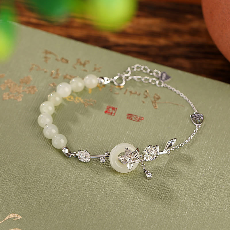 EverestArtstudios 925 Sterling Silver Hetian Jade Peace Buckle Lotus Luck Chain Bracelet