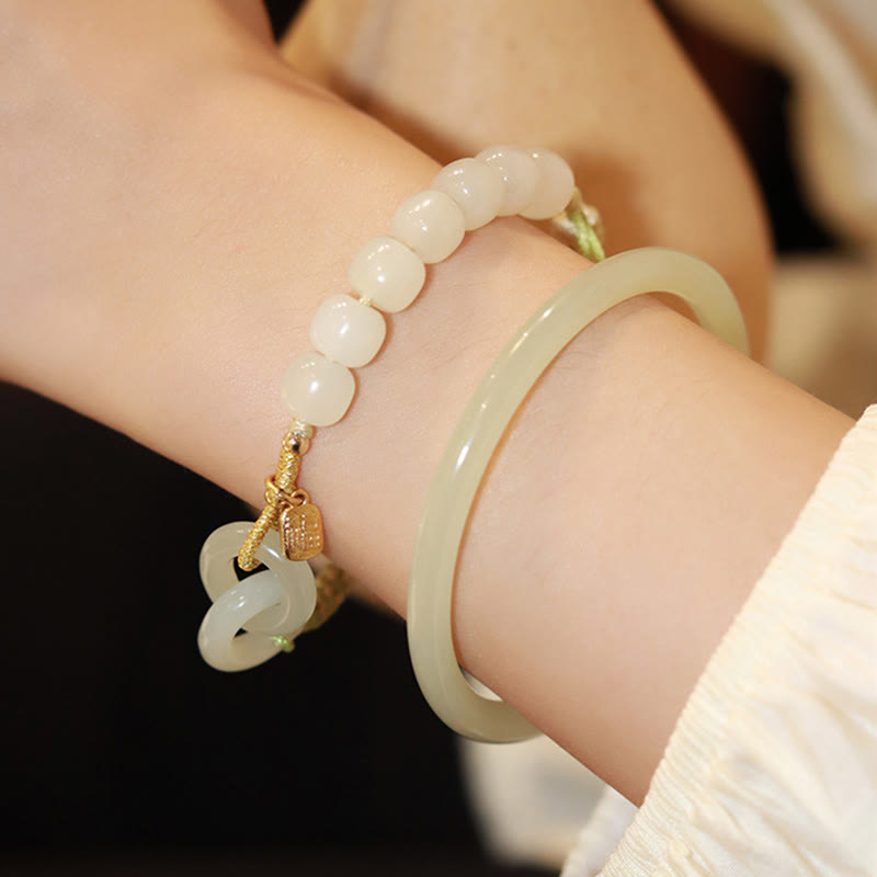 EverestArtstudios Natural Hetian Jade Bead Double Peace Buckle Fu Character Abundance Braided Bracelet