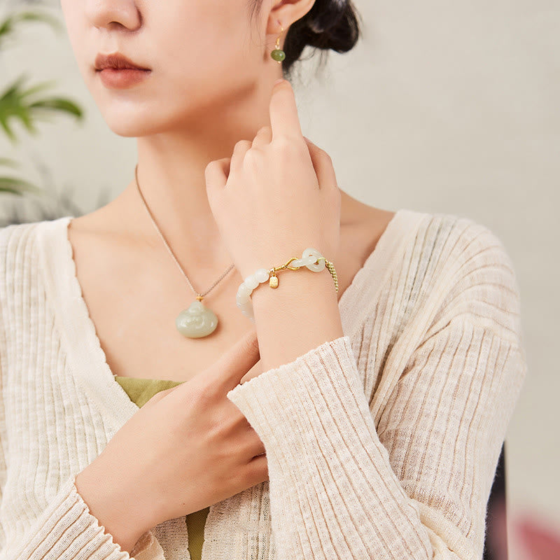 EverestArtstudios Natural Hetian Jade Bead Double Peace Buckle Fu Character Abundance Braided Bracelet