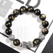 EverestArtstudios 925 Sterling Silver Natural Gold Sheen Obsidian PiXiu Wealth Protection Bracelet