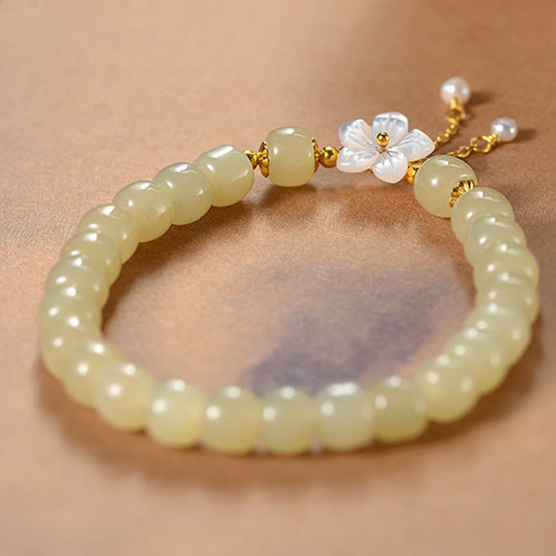 EverestArtstudios 925 Sterling Silver Natural Hetian Jade Luck Flower Bracelet
