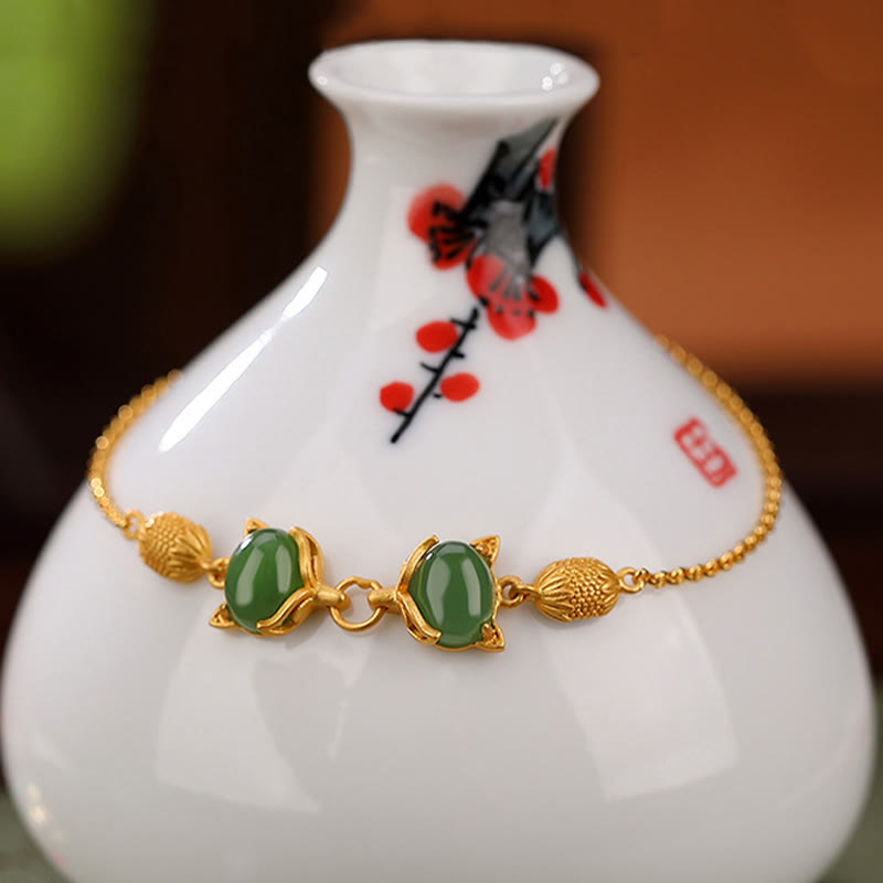 EverestArtstudios 925 Sterling Silver Natural Hetian White Jade Cyan Jade Lovely Fox Luck Bracelet