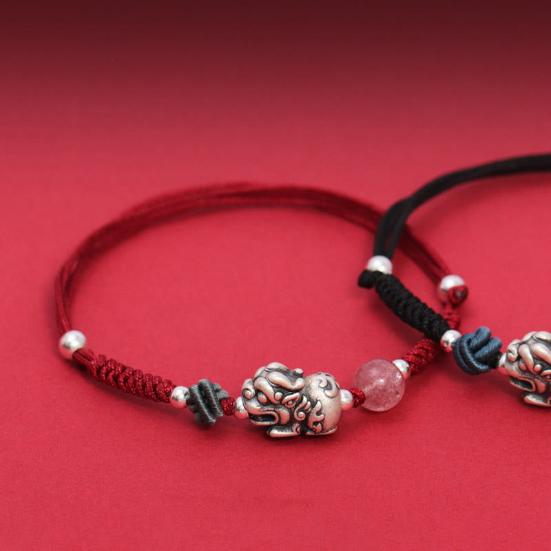EverestArtStudios 999 Sterling Silver PiXiu Strawberry Quartz Bead Wealth Luck Braided Bracelet