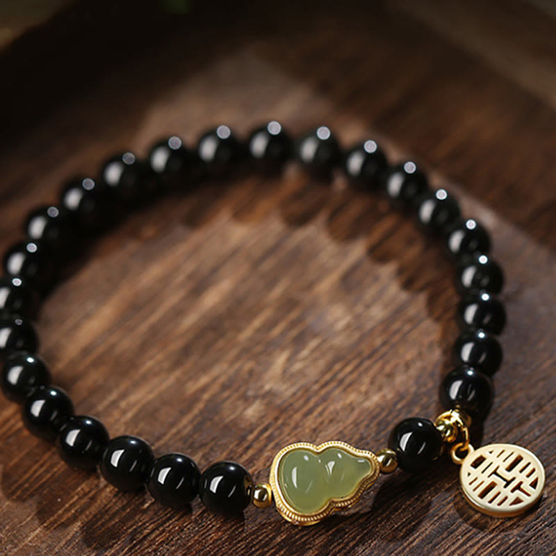EverestArtstudios Natural Black Obsidian Hetian Jade Gourd Double Happiness Strength Bracelet