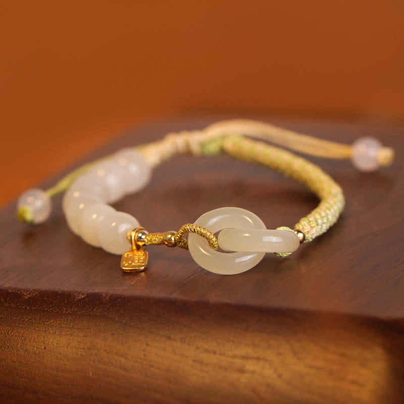 EverestArtstudios Natural Hetian Jade Bead Double Peace Buckle Fu Character Abundance Braided Bracelet
