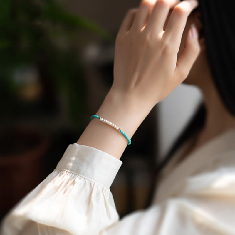 EverestArtStudios 925 純銀天然綠松石珍珠串珠手鍊