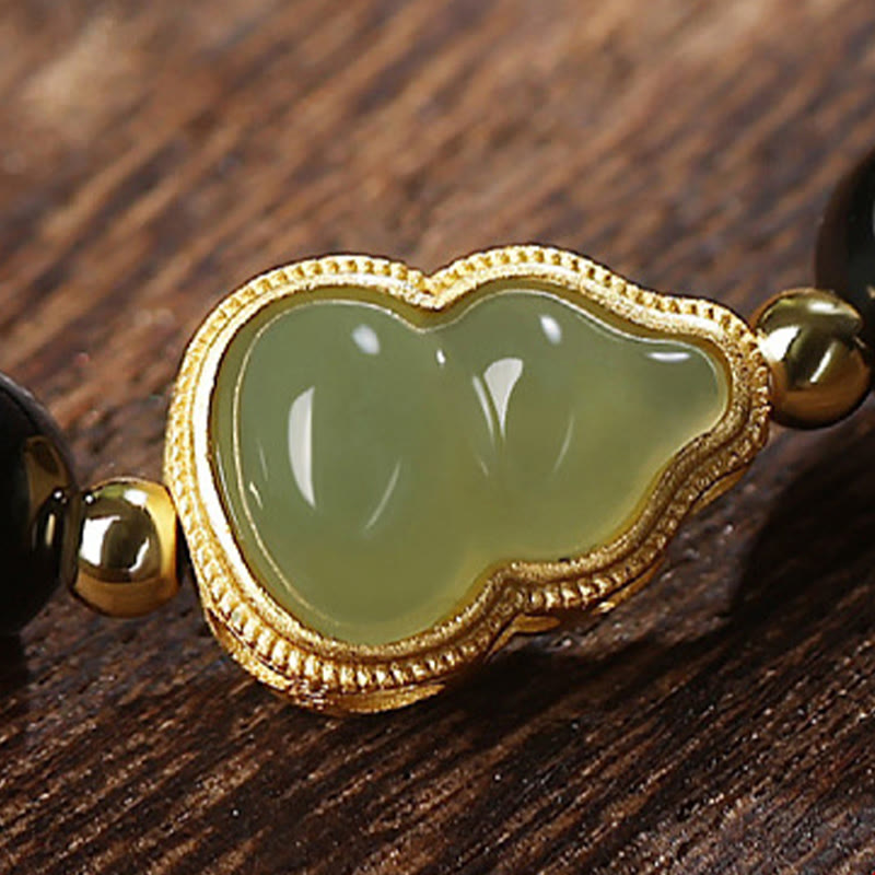 EverestArtstudios Natural Black Obsidian Hetian Jade Gourd Double Happiness Strength Bracelet
