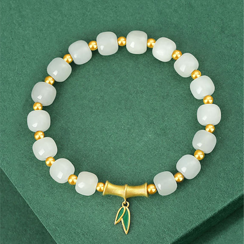EverestArtstudios 925 Sterling Silver Hetian White Jade Bamboo Luck Bracelet