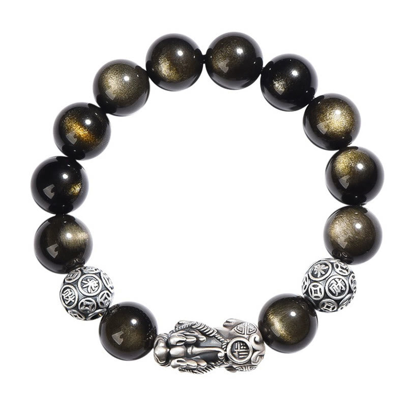 EverestArtstudios 925 Sterling Silver Natural Gold Sheen Obsidian PiXiu Wealth Protection Bracelet