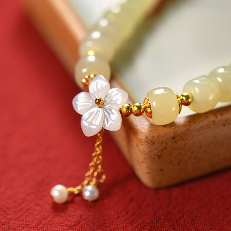 EverestArtstudios 925 Sterling Silver Natural Hetian Jade Luck Flower Bracelet