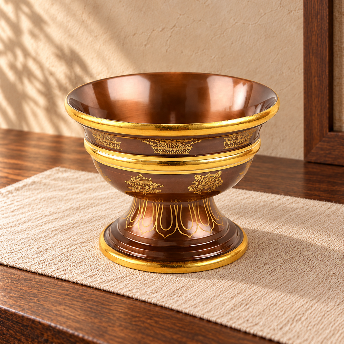 Medium copper offering bowl — warm linen background