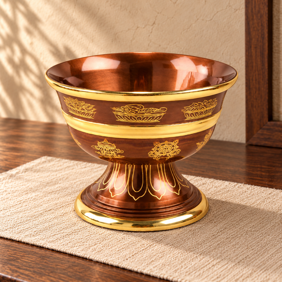 Large copper offering bowl — warm linen background