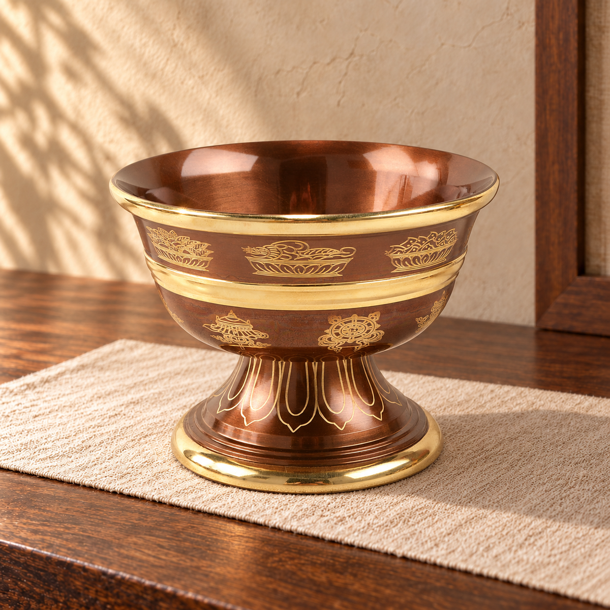 Engraving detail copper offering bowl — warm linen background