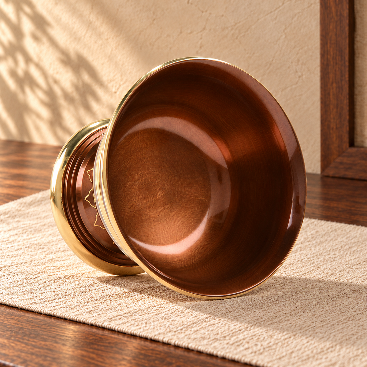 Interior detail copper offering bowl — warm linen background