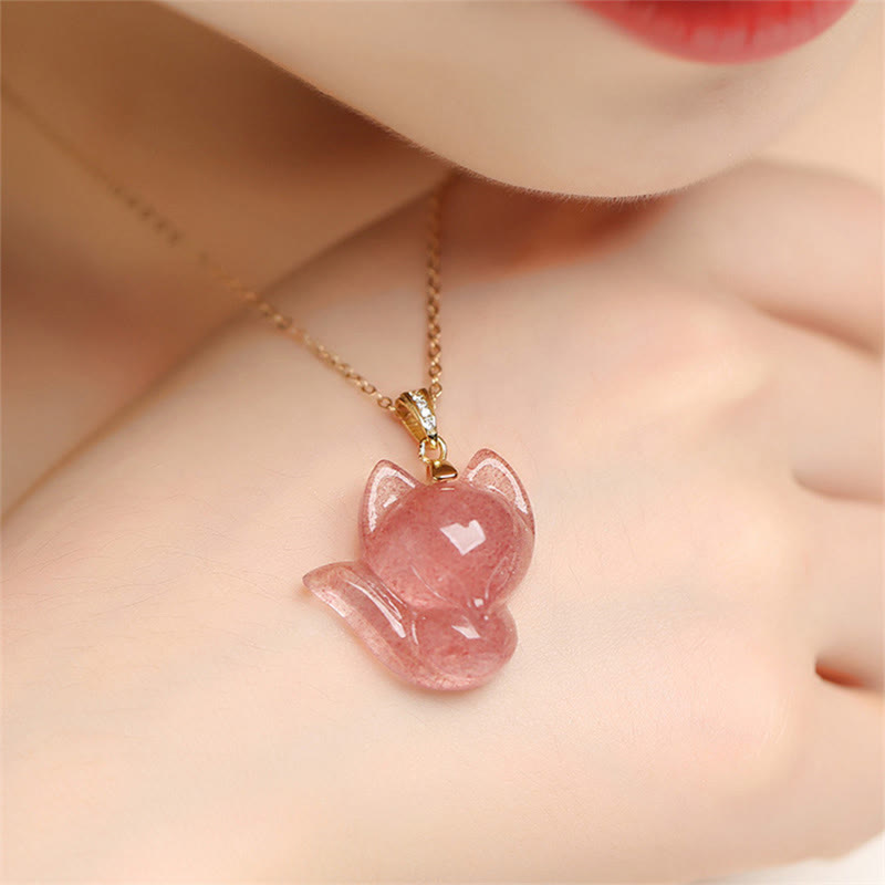 EverestArtstudios 925 純銀鍍 14K 金草莓晶狐狸療癒項鍊墜飾