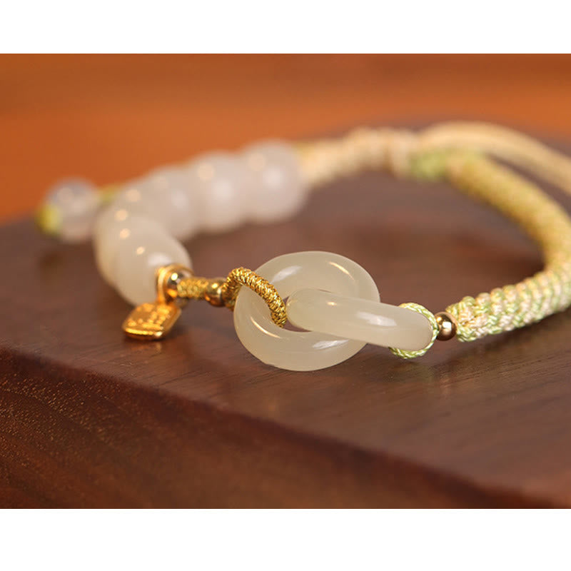 EverestArtstudios Natural Hetian Jade Bead Double Peace Buckle Fu Character Abundance Braided Bracelet