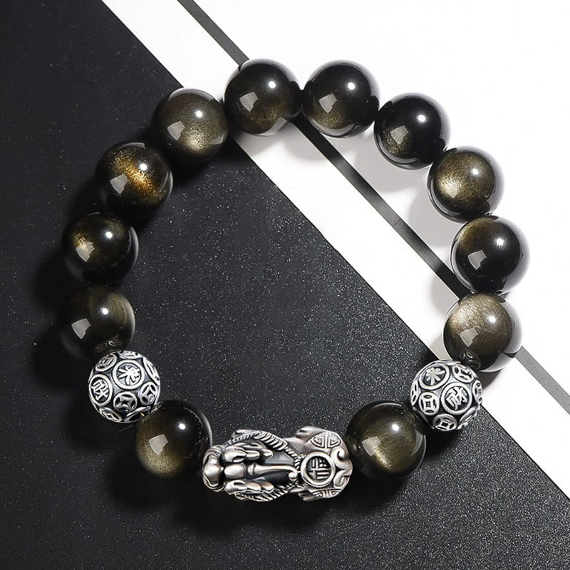 EverestArtstudios 925 Sterling Silver Natural Gold Sheen Obsidian PiXiu Wealth Protection Bracelet