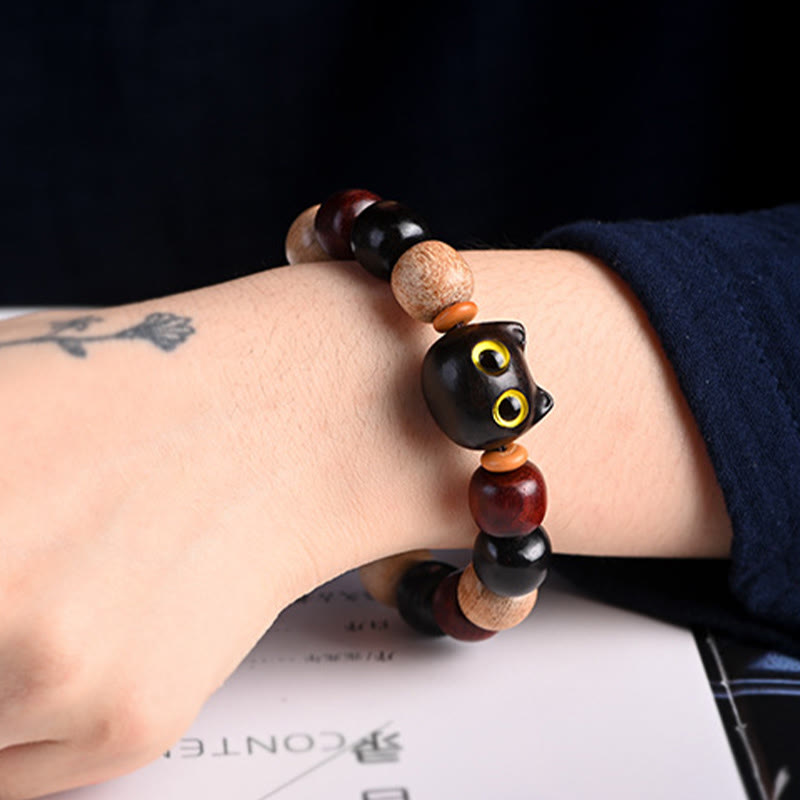 EverestArtStudios Petite Leaf Red Sandalwood Ebony Wood Adorable Feline Carved Safeguard Wristband