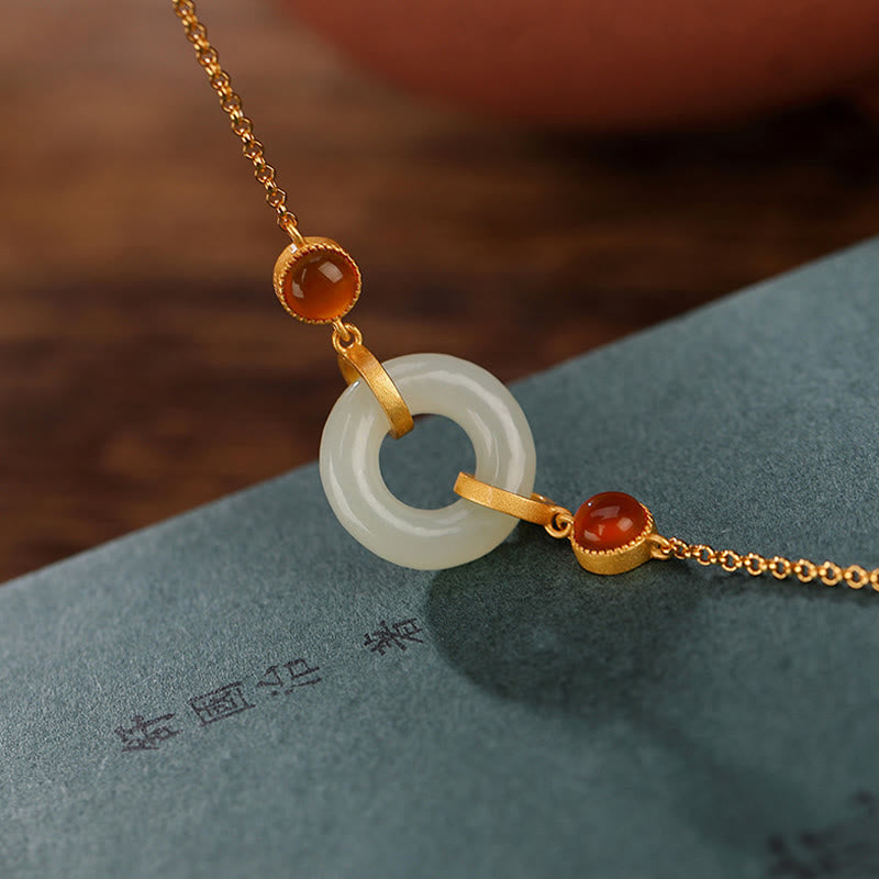 EverestArtstudios 925 Sterling Silver Plated Gold Natural Hetian Jade Peace Buckle Red Agate Luck Bracelet