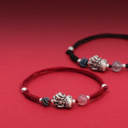 EverestArtstudios 999 Sterling Silver PiXiu Strawberry Quartz Bead Wealth Luck Braided Bracelet