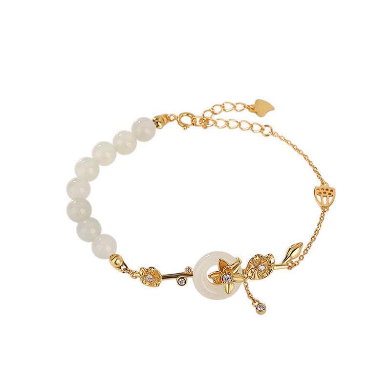 EverestArtstudios 925 Sterling Silver Hetian Jade Peace Buckle Lotus Luck Chain Bracelet