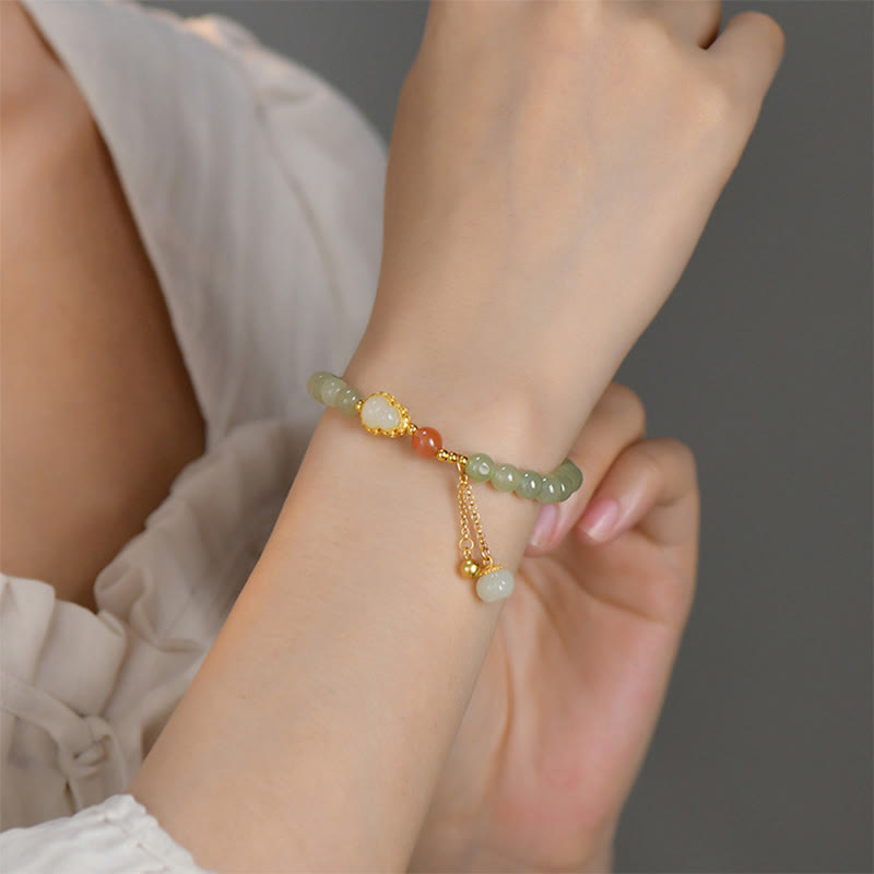 EverestArtstudios 925 Sterling Silver Hetian Jade Gourd Lotus Abundance Luck Bracelet