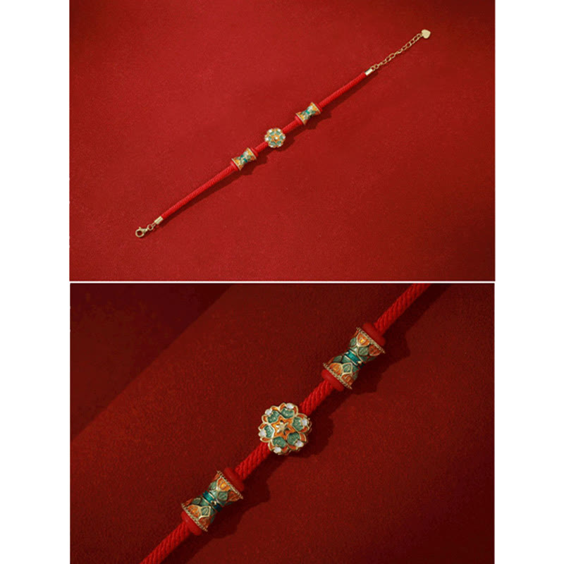 EverestArtStudios Dunhuang 925 Sterling Silver Lotus Drum New Beginning Red Cord Bracelet