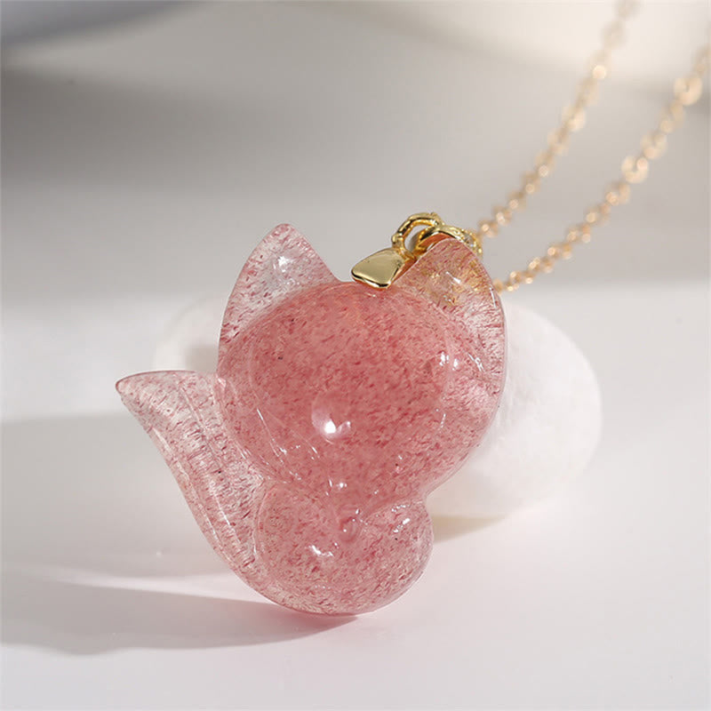 EverestArtstudios 925 純銀鍍 14K 金草莓晶狐狸療癒項鍊墜飾