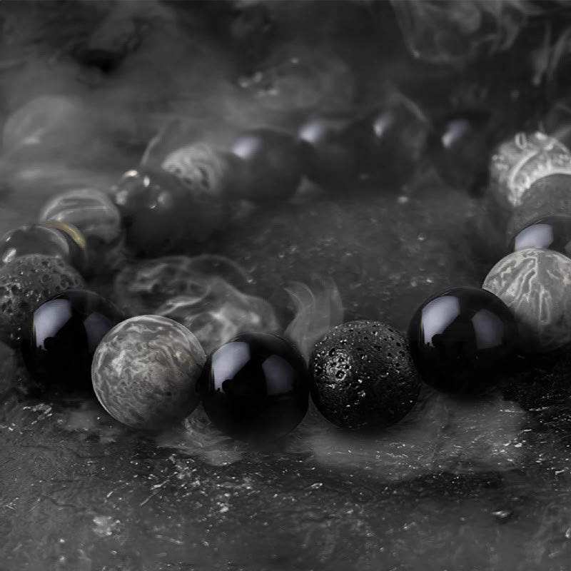 EverestArtStudios Black Obsidian Volcanic Stone Yin Yang Power Bracelet